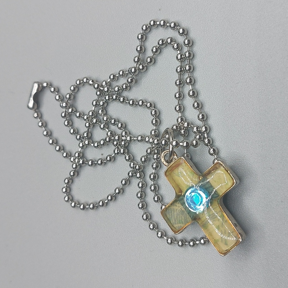 Artisan Resin Molded Silver Tone Cross Pendant Ball Chain Necklace